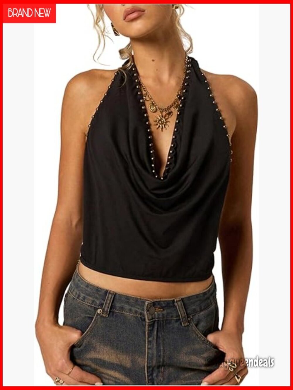 Women's Cowl Neck Halter Top Draped Studded Punk Sleeveless Crop Tank
